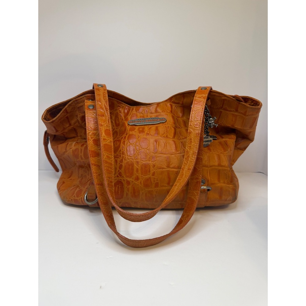 Harley Davidson Orange Croc Embossed Leather Shoulder Bag Tote Skull Charm